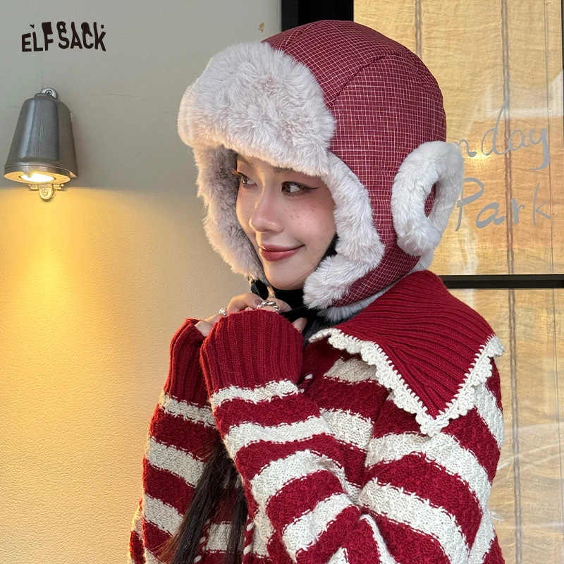 

ELFSACK Vintage Cute Fine Plaid Plush Lining Ear Flap Ushanka Beanie For Women