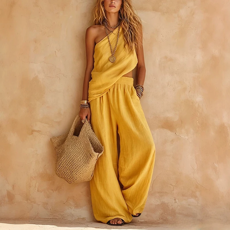 Casual Solid Color Loose Vacation Sets Summer New Women's Fashion Commute Outfits High Street Slash Collar Linen Tops&Pants Sets