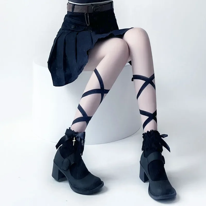 Japanese Lace Cross Straps Tie Leg Socks Jk Women Cotton Sexy Stockings Socks Thin Women's Middle Tube Socks Party Long Socks