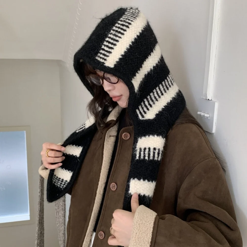 

Ретро корейский вязаный полосатый цельный шарф, шапка, женская осенне-зимняя шапка-ушанка, женские аксессуары для защиты ушей ручной работы