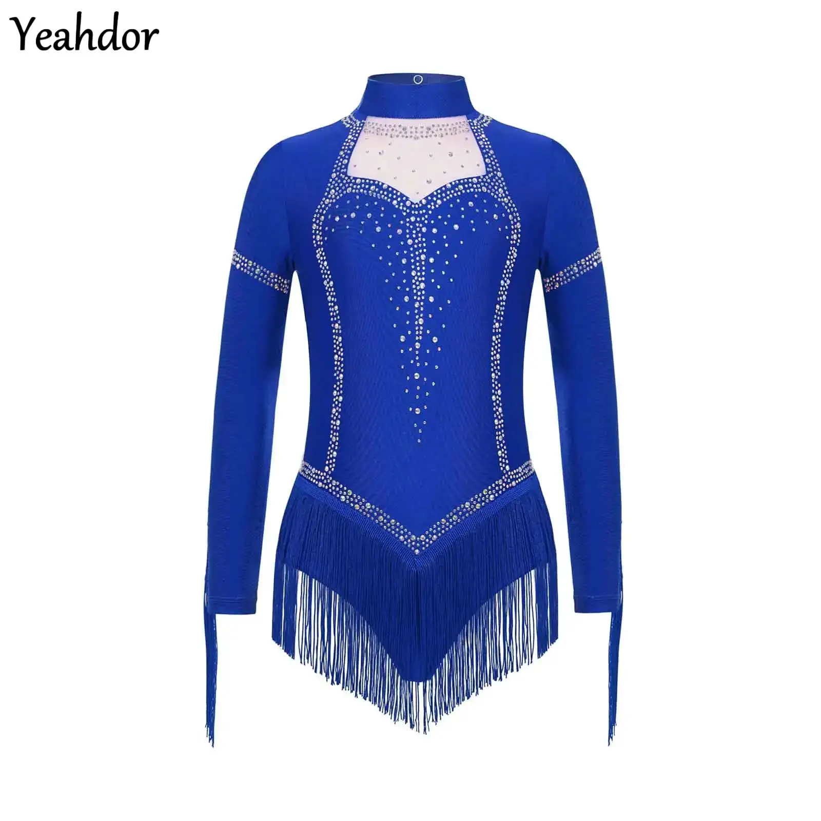 

Kids Girls Latin Dance Leotard Dress Long Sleeve Rhinestones Tassels Cha-Cha Tango Jumpsuit Rhythmic Gymnastics Skating Costume
