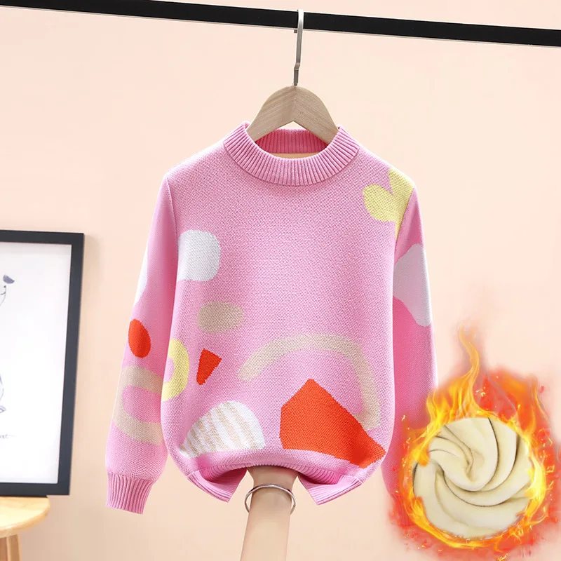 Cartoon pattern Cotton Kids Sweater Girls Sweaters Knitwear Princess Teenager Pullovers Knitted Sweaters for Children Pink 5-15T