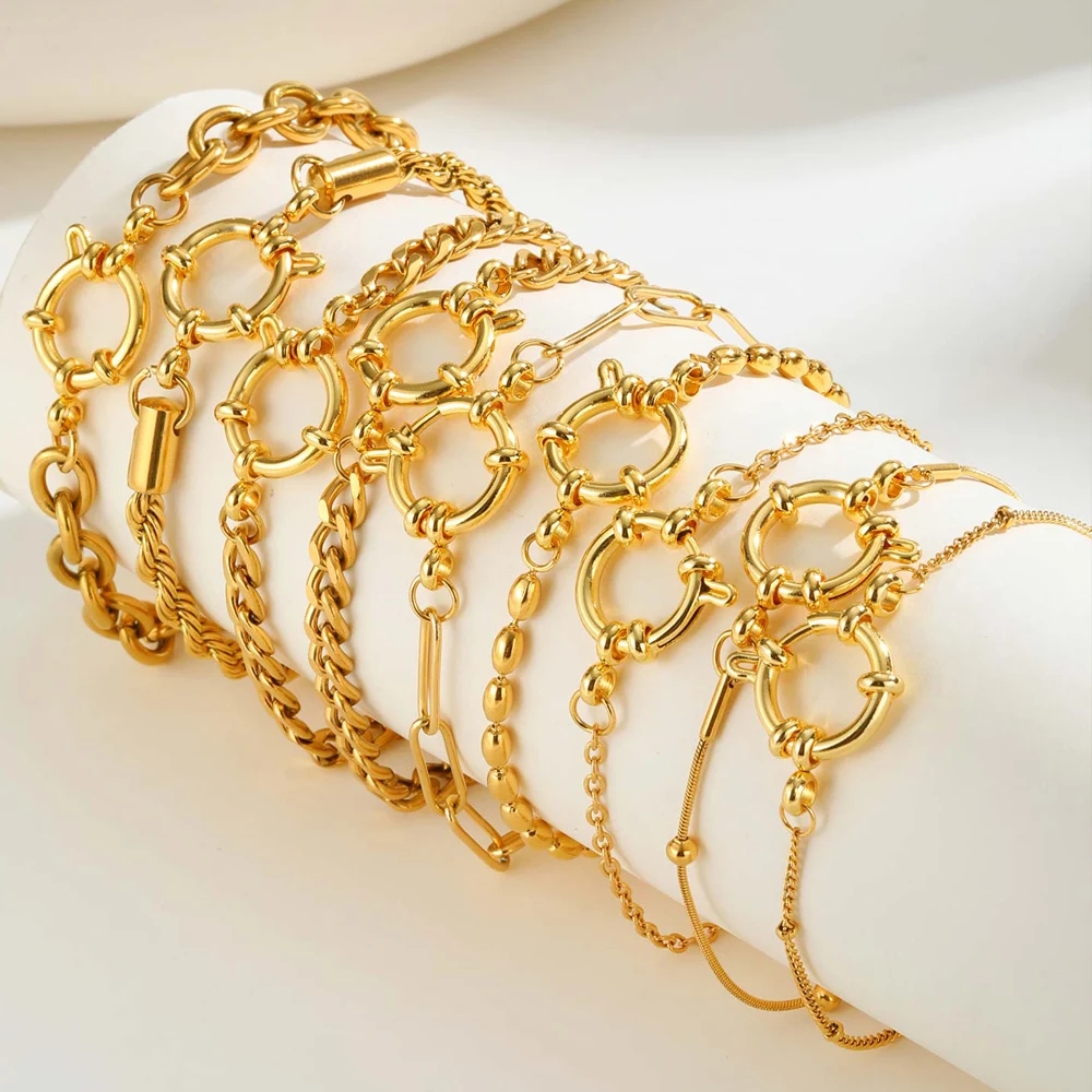 

18k Gold Plated Braclet for Women, Spring Ring Clasp Bracelet, Stainless Steel Cuban/Paperclip/Snake/Rope Twist Chain Wirstband