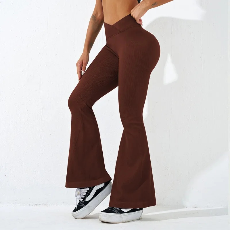 Women Cross Waist Flared Pants Knit Slim Leggings Elastic High Waist Leggings Seamless Sexy Hip Lift Casul Yoga Fitness Pants