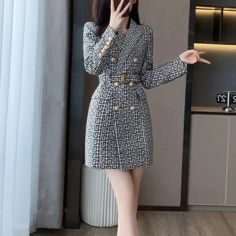 Autumn Winter Elegant Fashion Double Breasted Printing Blazer Dress Ladies Long Sleeve Temperament Waist Mini Vestido Women Robe