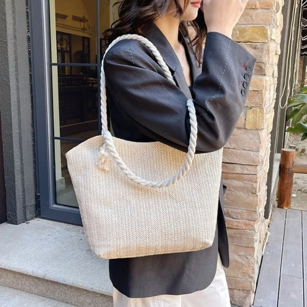 

Vintage Bohemian Straw Tote Bag Large Capacity Convenient Beach Handbag Versatile Solid Color Underarm Shoulder Bag Outdoor