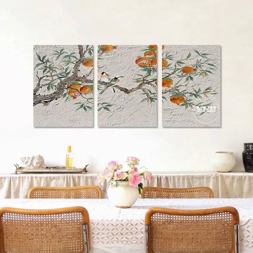 

3PCS Plant Wall Canvas Artwork Frameless Pomegranate Tree Artistic Impressions Paintings Abstract Acrylic Art Landscape Picture