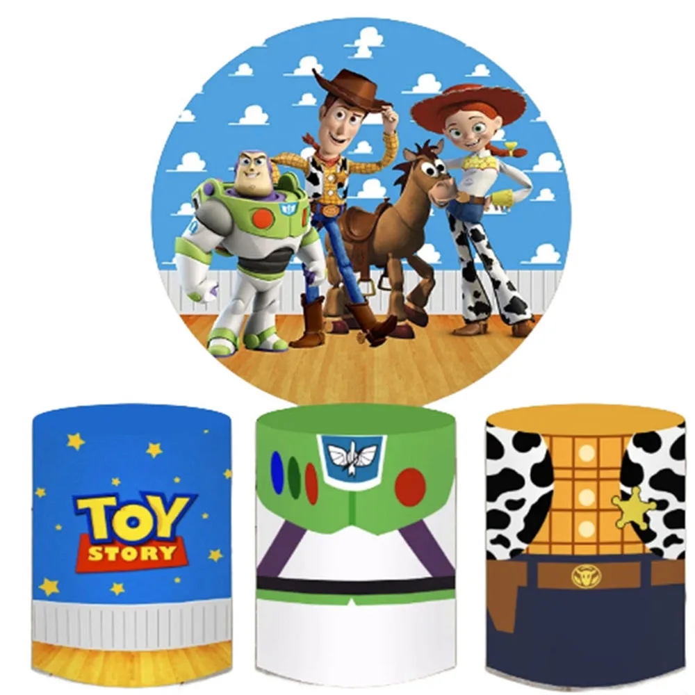 

Toy Story Woody Round Backdrop And 3 Cylinder Cover Background Photography Jessie Baby Shower Birthday Party Decor Dessert Table