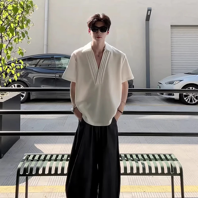 WTHT Trendy Men's Pleated Solid Color Shoulder Pads Loose T-shirts Fashion V-neck Lapel Casual Tops Male 2026 Summer 2A2891