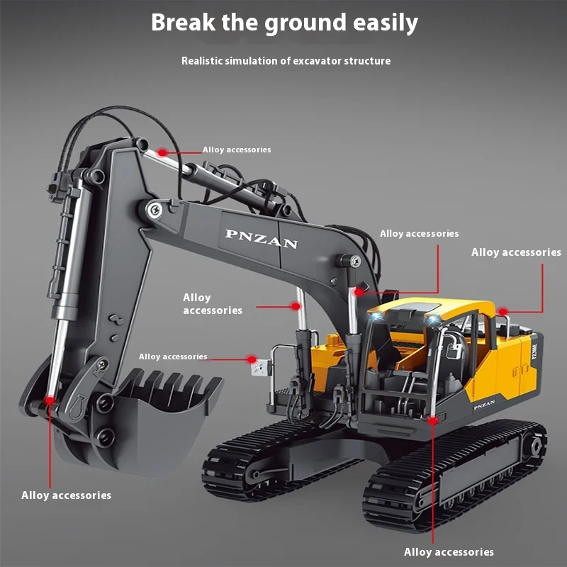 Escavadeira elétrica grande rc, brinquedo de controle remoto, mecanismo de gancho realista, presente para meninos, equipamento de simulação de carro, presentes de feriado