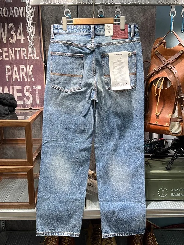 インディゴ染めアメカジアメリカンヴィンテージカジュアルヘビーウェイトウォッシュドデニムジーンズメンズ2025秋クラシックストレートルーズフィットパンツ