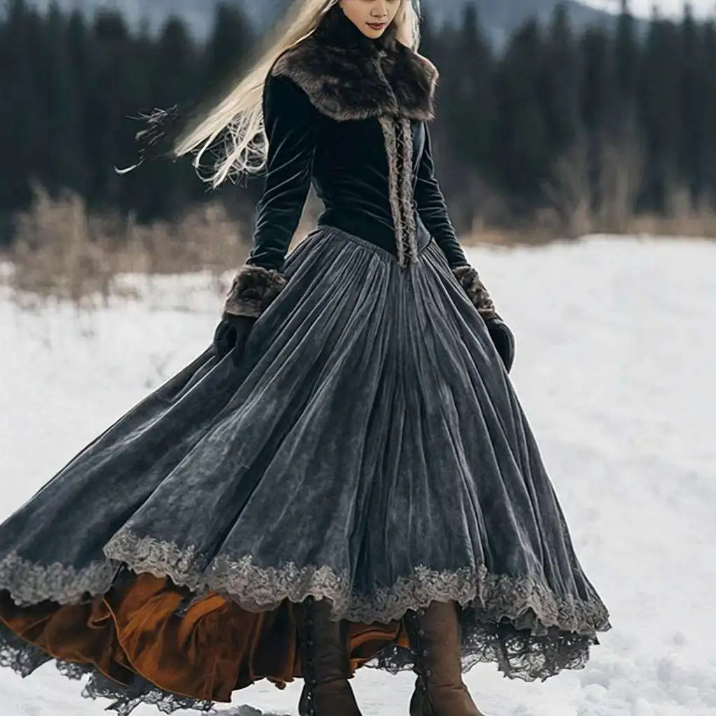 

Платье из бархата с длинными рукавами, меховым воротником и кружевной отделкой, юбка А-силуэта, завышенная талия, осенняя мода, городской стиль, цельное, отдельное изделие S...