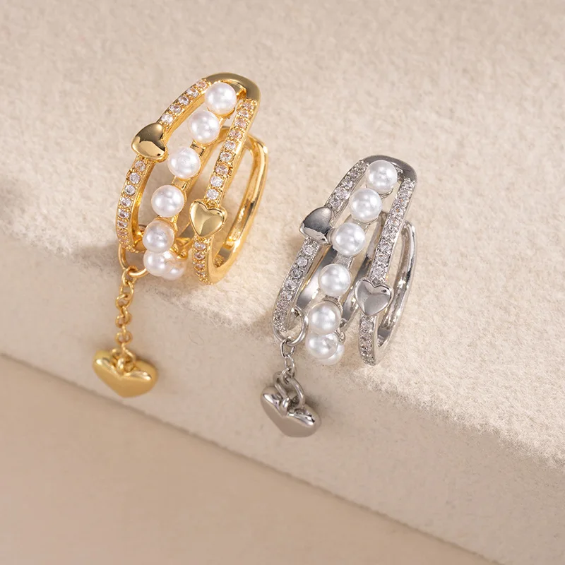 Triple Layer Pearl Crystal Ear Cuff Heart Charm Dangle Gold Tone Wrap Earring - view 3