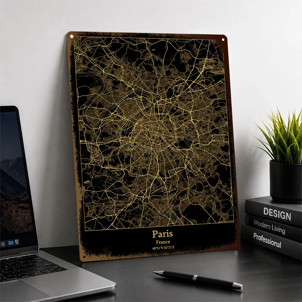 Paris France Map Printed Poster Personalized Aluminum Metal Sign City Network Layout Wall Art Enhances Library And Home Office
