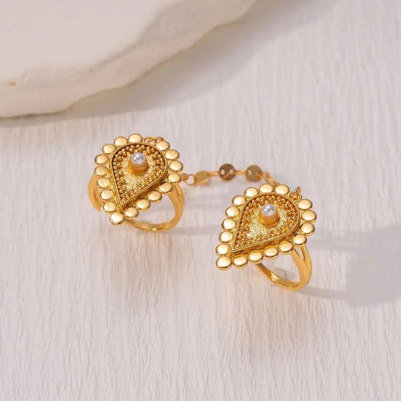 2PCS Gold Plated Water Drop Free Size Rings Set for Women Arabic Middle East Wedding Festival Hand Jewelry