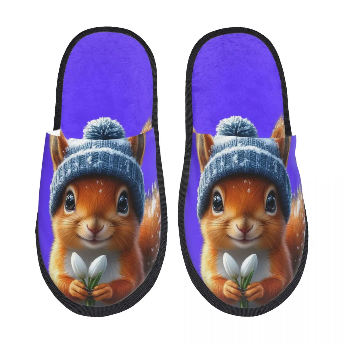 Custom Print Women Cute Squirrel House Slippers Soft Warm Memory Foam Fluffy Slipper Indoor Outdoor Shoes
