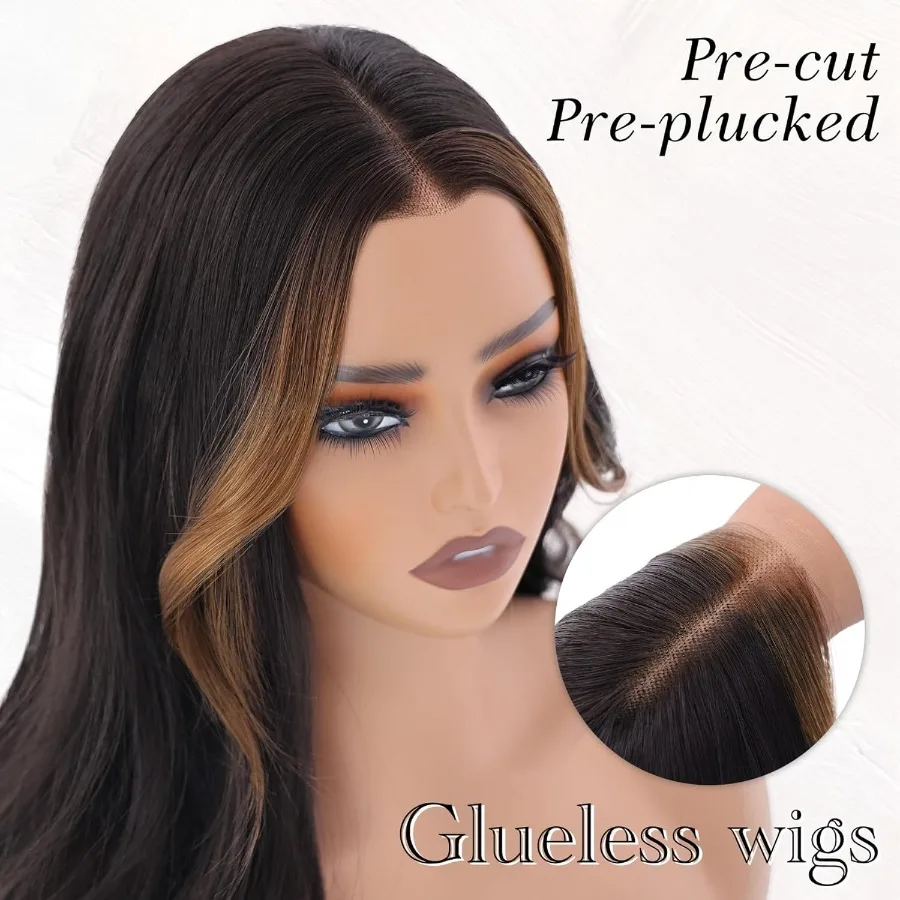 بني داكن مع تسليط الضوء على باروكات صناعية بدون صمغ بدانتيل أمامي للنساء 13 × 4 نمط شعر مموج مسبق القطع مثالي للاستخدام اليومي