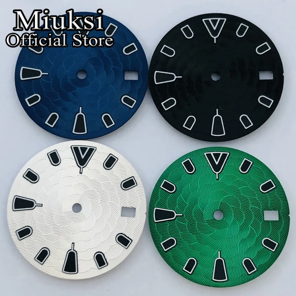 

Miuksi 28.5mm black blue green silver sterile watch dial green luminous fit NH34 NH35 movement fit 3/3.8/4.2 o'clock crown