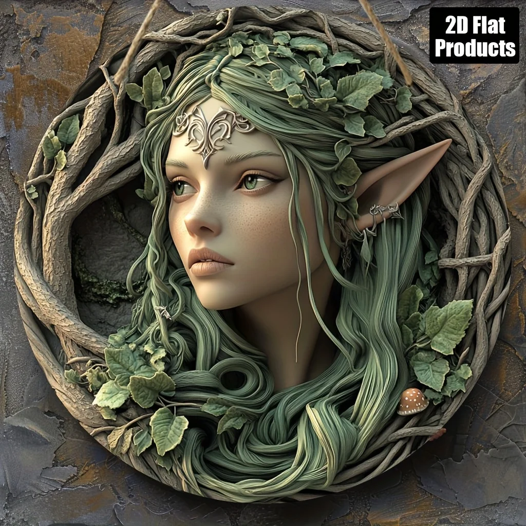 2D Flat, 2D Flat Print, 1pc, Round Wood Decorative Painting Sign, Tree Elf Theme, Suitable for Bar Kitchen Cafe Living Room Offi