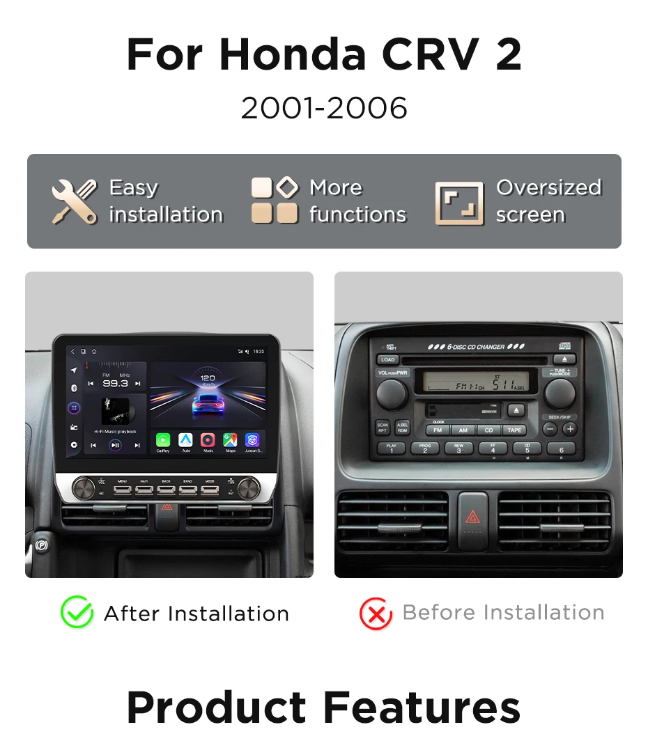 Junsun 10,1' Kabelloses Carplay Android Auto Autoradio für Honda CRV 2 2001-2006 Bluetooth Stereo mit Tasten GPS Navi 4G DSP – Detail 4