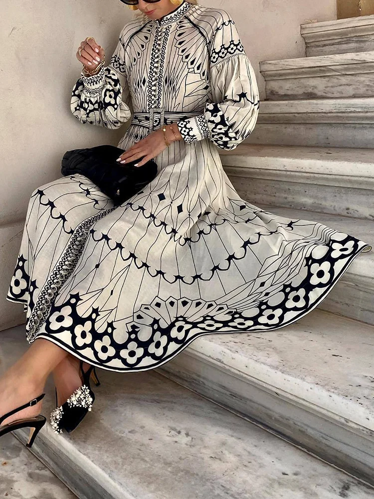 Printing Patchwork Vintage Fashion Maxi Dress, Women Spring Summer Lantern Sleeve Party Dress, Stand Collar Elegant Ladies Dress