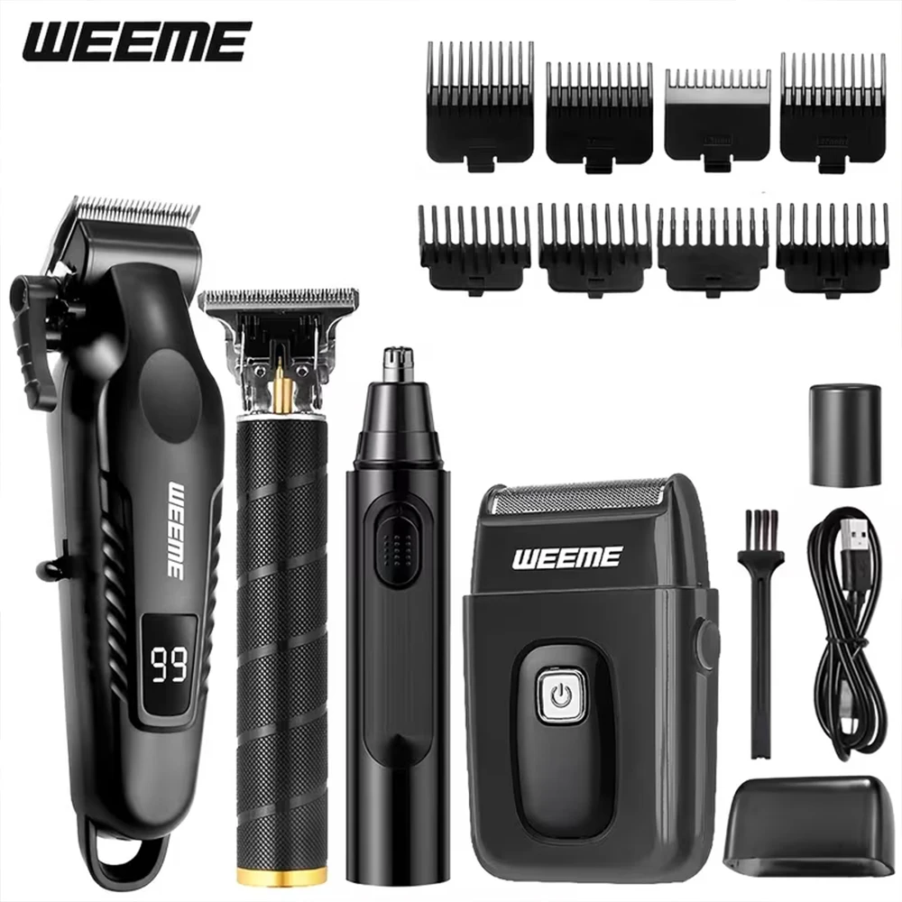 WEEME 4-in-1 Herren-Pflegeset Kabelloser Haarschneider mit LCD-Display Haarschneider T-Klinge Folienrasierer Nasenhaarschneider USB-Aufladbarer Haarschneider mit 8 Aufsätzen