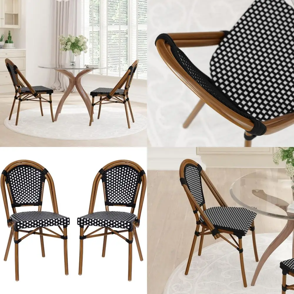 كرسي EMMA وOLIVER Soie Bistro - مقعد وظهر من البولي إيثيلين المنسوج باللونين الأبيض والأسود - إطار من الألومنيوم على طراز الخيزران - مناسب لـ