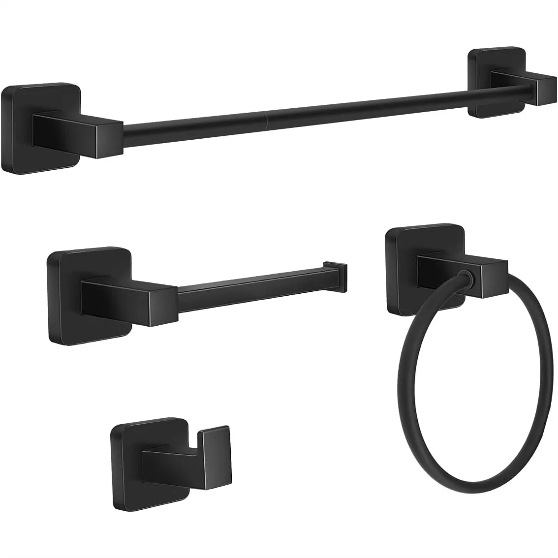 

4 Piece Bathroom Hardware Set, Stainless Steel Matte Black Towel Bar with 24" Bar, Ring, Hooks, and Toilet Paper Holder
