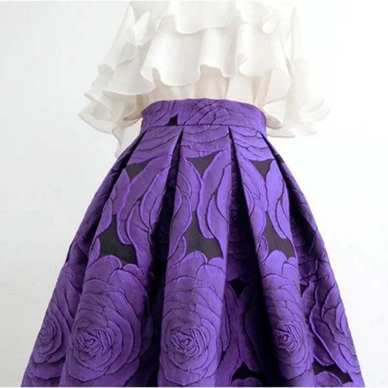 Rose Purple Floral Elegant Chic High Waist Ball Gown Loose Women\'s Skirt Knee-Length Long Skirts For Women Clothing Fashion 2024