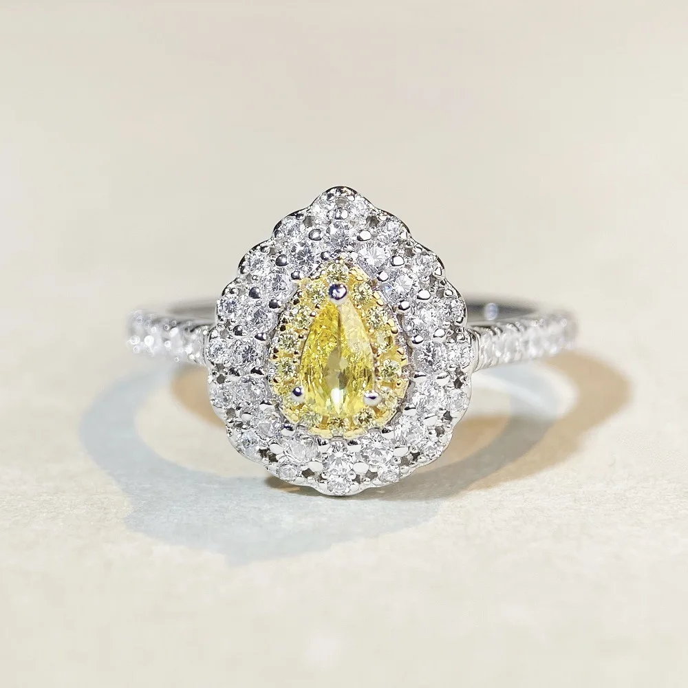 

Luxury Solid Platinum PT950 Women's Yellow Diamond Ring Full Diamond Drop Ring