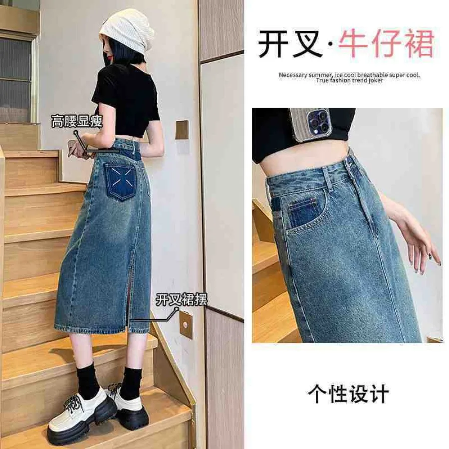

【HOT】Open-forked high waist denim skirt short skirt middle-length black gray spring and autumn a-shaped skirt.