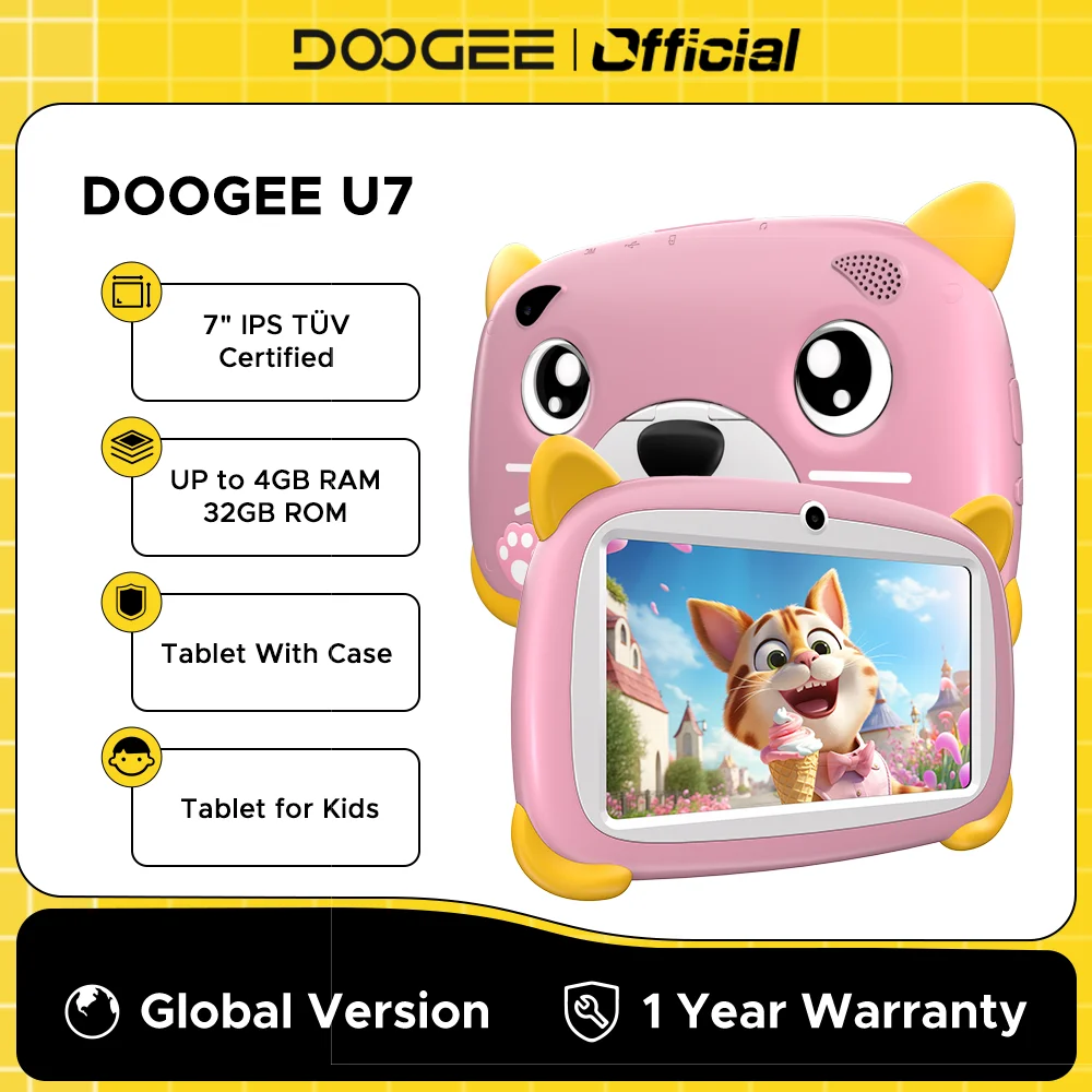 DOOGEE-U7 Tablet Android para Crianças, U7, Ouad Core, 7 ", IPS, TEST Certified Display, 4GB de RAM, 32GB ROM, 3400mAh, Android 10, Estreia Mundial