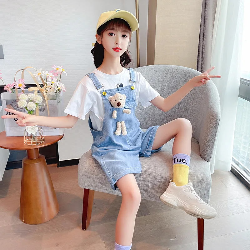 3-10 Years Girls Suspender Jeans Cute Bear Doll Overalls New Fashion Korean Teenage Girls Denim Shorts Children Birthday Present