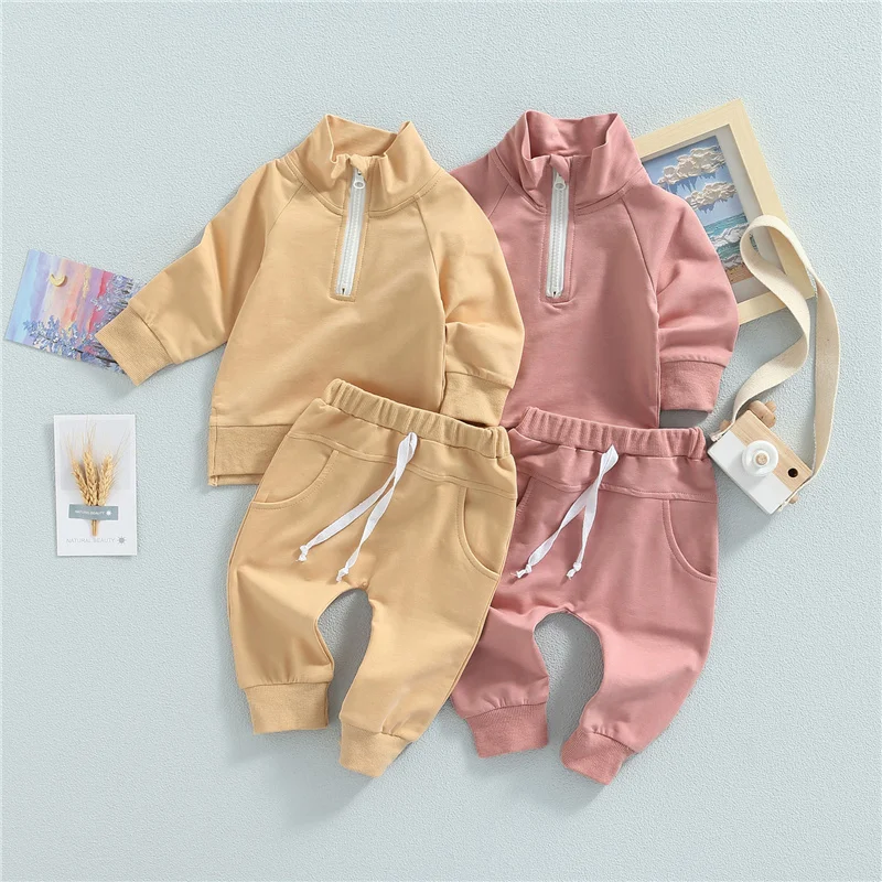 

Blotona Baby Girls Boys 2Pcs Outfits, Solid Color Stand Collar Long Sleeve Zipper-Up Sweatshirts +Elastic Waist Long Pants 0-3Y