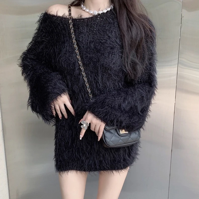 Elegant Women Fluffy Short Dress Autumn Winter Warm Lantern Long Sleeve Sweater Dresses Imitation Mink Velvet Long Sweaters