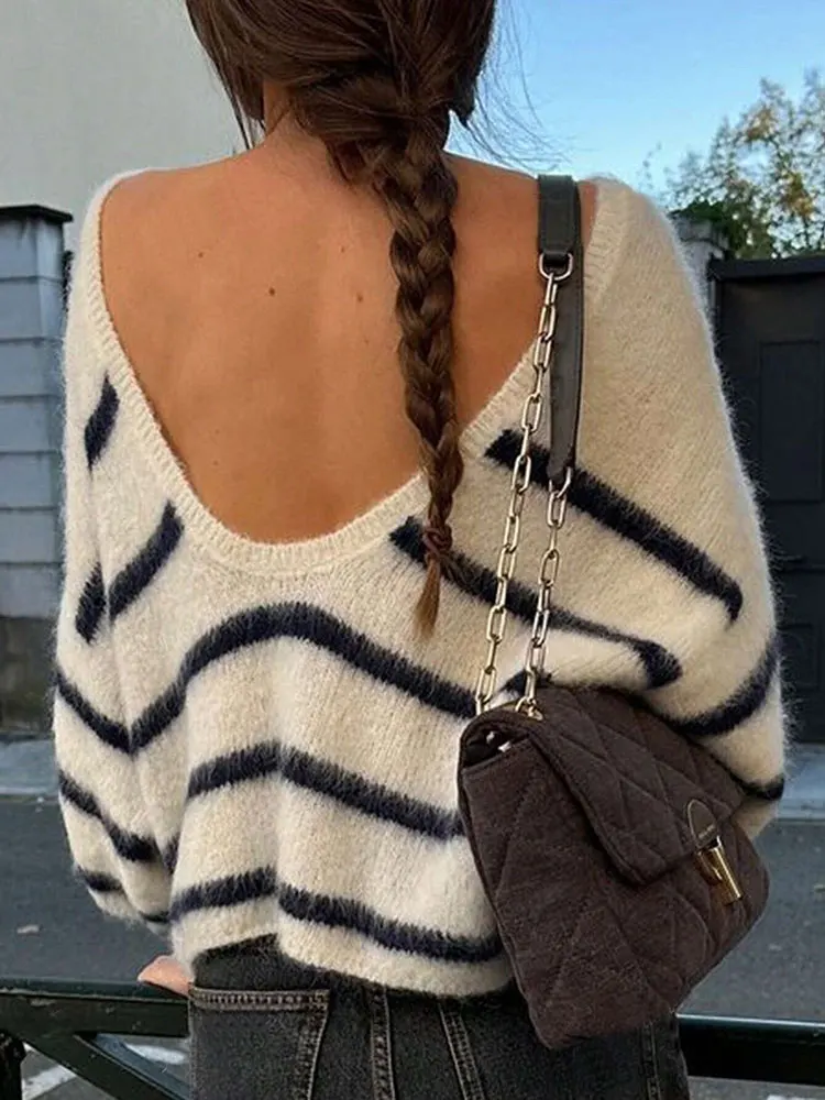 

Korean Popular Striped Long-Sleeve Pullover Top U-Shaped Backless Knit Christmas Sweater Loose Women's Clothing Winter Warm Tops