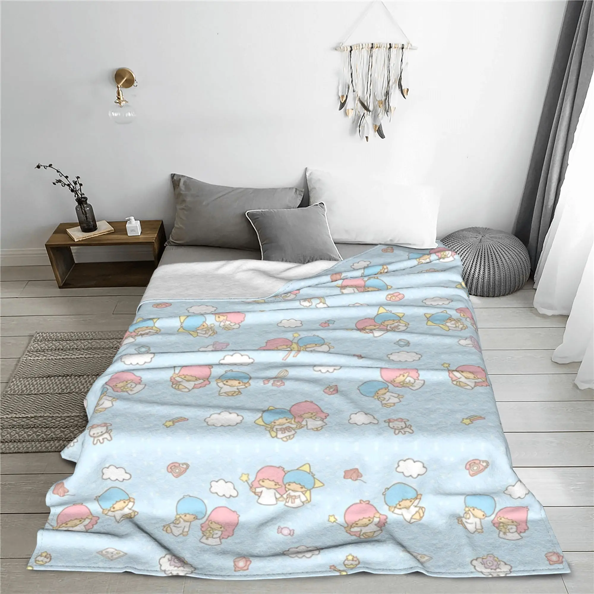 Little Twin Stars Rainbow Sky Blankets Cartoon Kiki Lala Flannel Novelty Warm Throw Blankets for Home Spring Autumn Travel