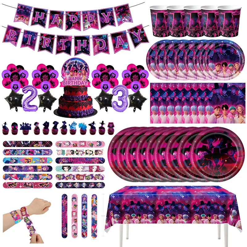 Saja – kit de décorations de fête d'anniversaire pour garçons, vaisselle, assiette, tasse, serviettes, couverts Kpop Demon Hunter, ensemble de fournitures de fête d'anniversaire Saja