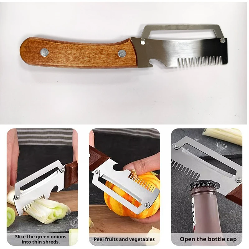 2-in-1 Serrated Peeling Knife Vegetable Fruits Peeler Grater Wooden Multi Functional Peeler with Bottle Opener Kitchen Tool