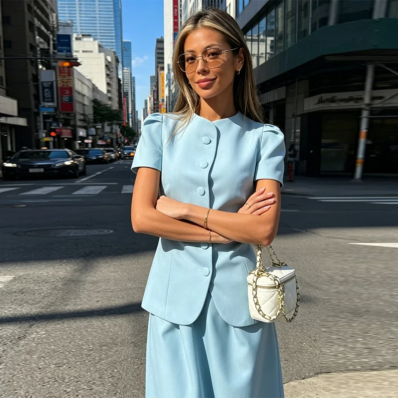 Commute Women's Matching Set O Neck Single Breasted Puff Sleeve Top Loose Lantern Pant Suit 2026 NEW Elegant Lady 2 Piece Sets
