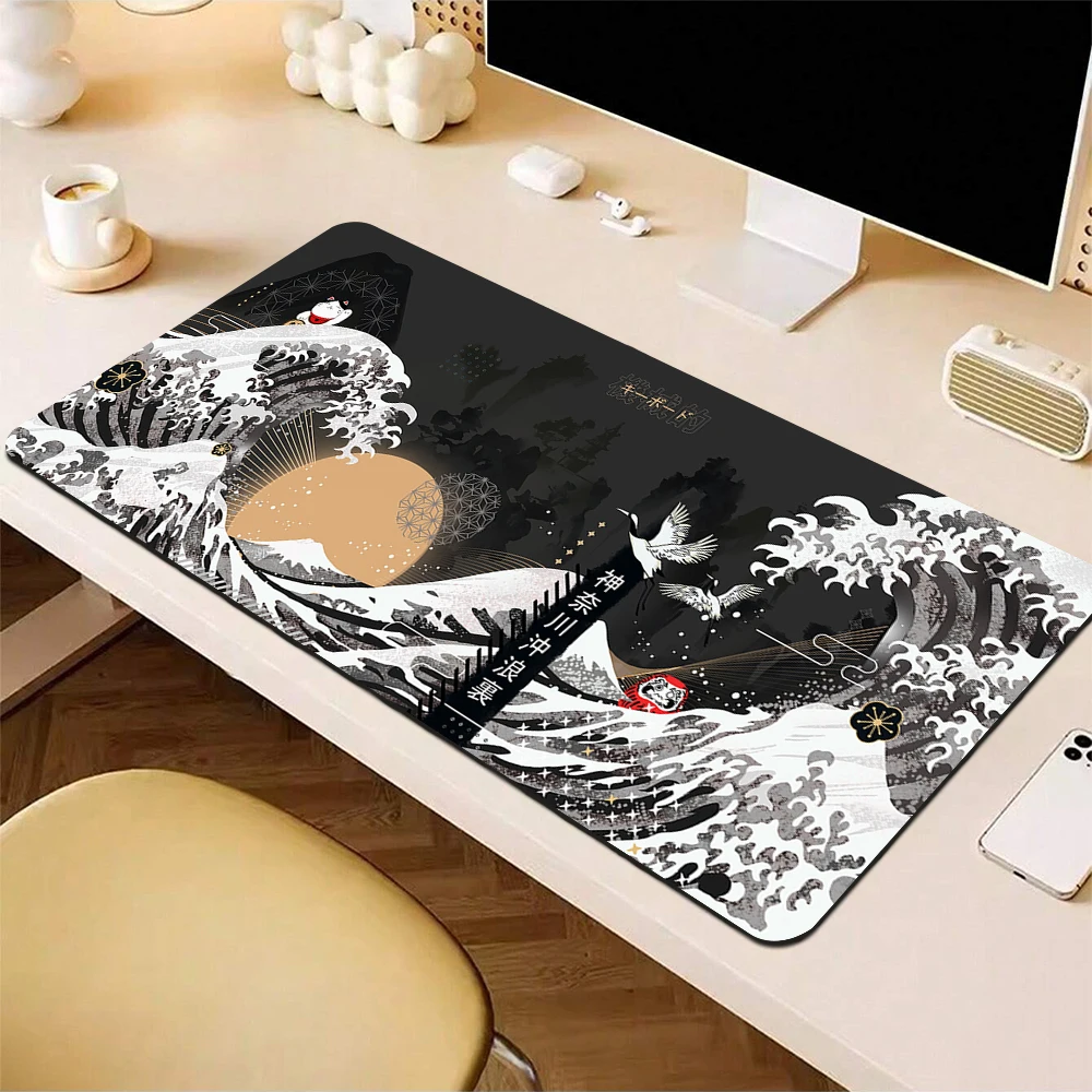 

Anime Gaming Mouse Pad Large Non-Slip Mousepad Gamer Black Waves Mouse Mat Art Laptop Locking Edge Desk Mat Office Keyboard Pad