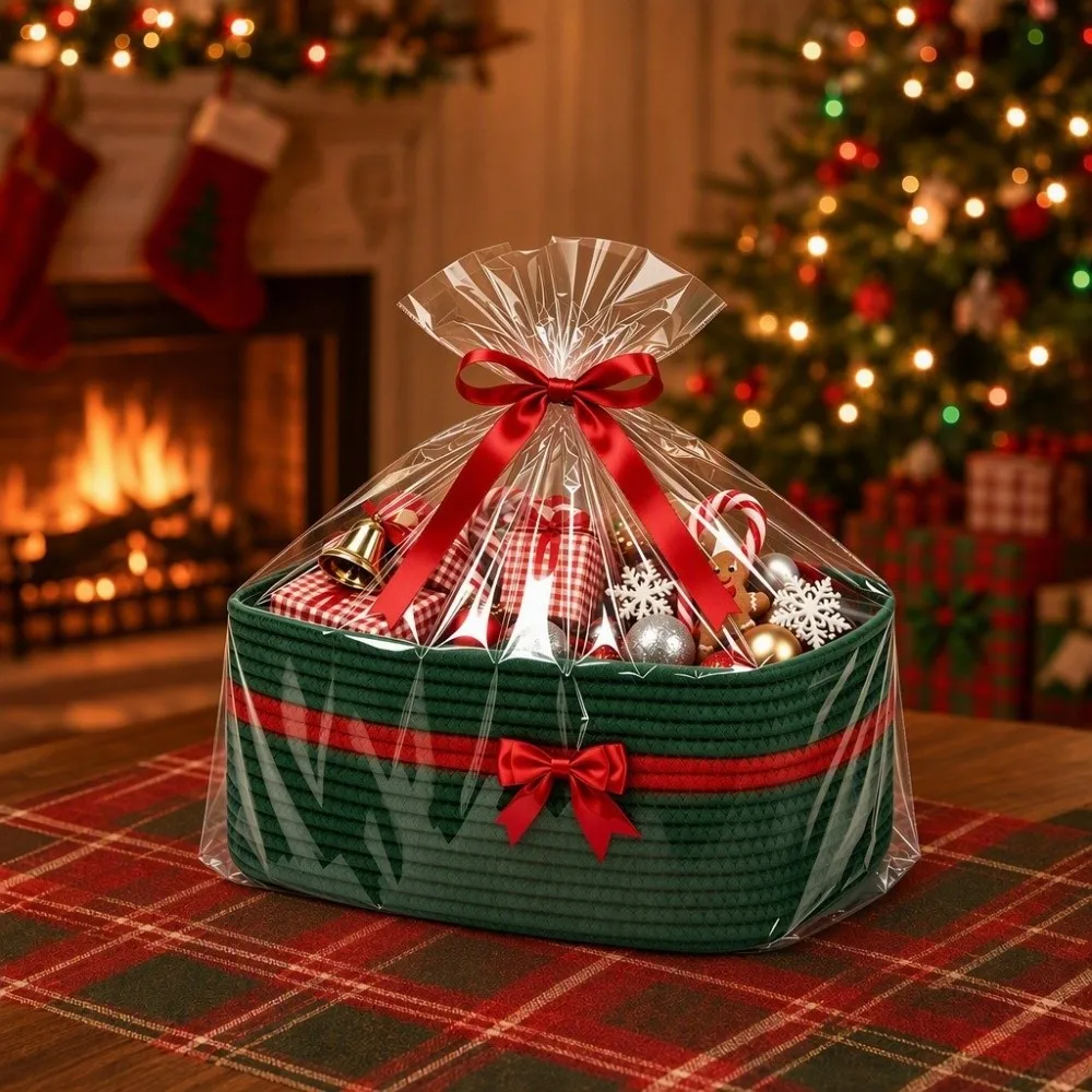 Festive With Handle Cotton Rope Basket Bowknot Decor Ribbon Christmas Gift Container Desktop Organizer Basket Home Storage