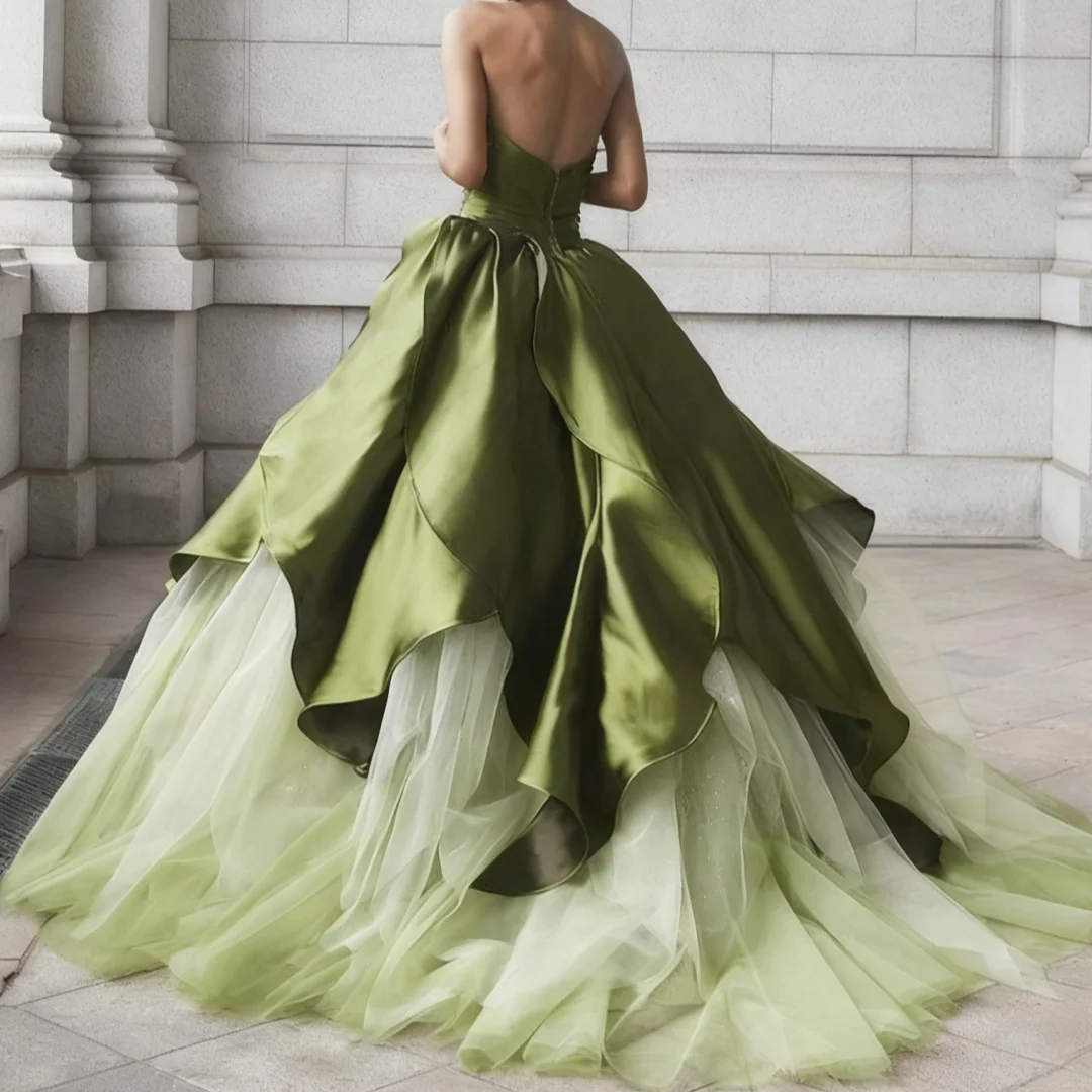 Sweetheart Floor-Length Party Dress Green Satin Tulle Formal Party Dress Simple A-Line Tiered Wedding Dress Customized