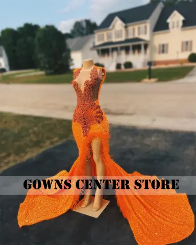 Orange Paljett Fjäder Slits Strass Festklänning Sjöjungfru Balklänningar Bröllop Kväll Svarta Flickor Lyx Födelsedag Anpassad 10 best sales orange balklänningar - №5