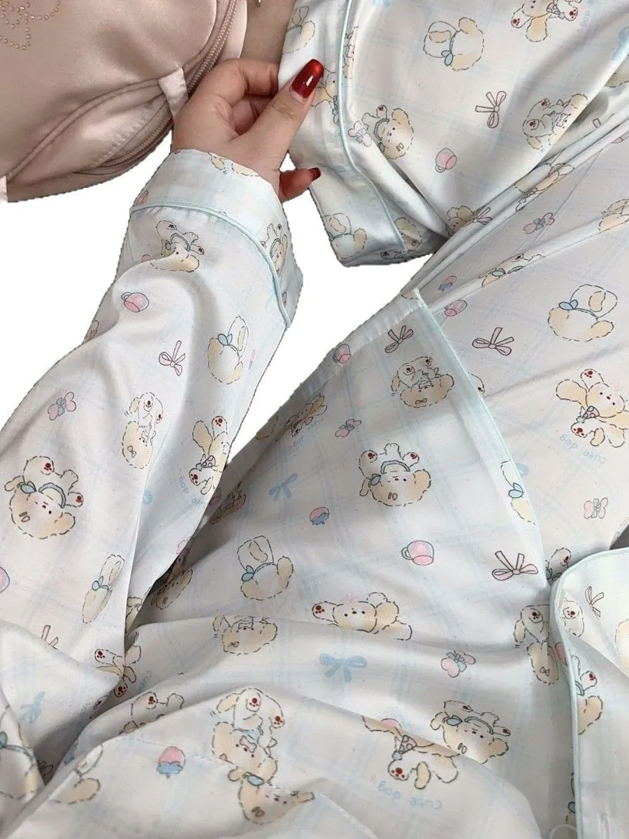 Sweet Princess Wind Ice Silk Long-sleeved Pajamas Cute Cartoon Puppy Spring and Summer New Outer Loungewear Suit
