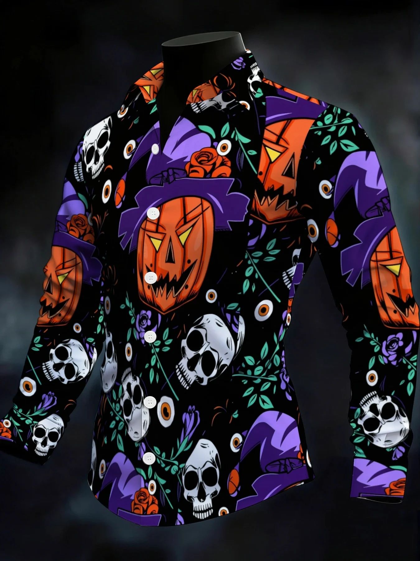 Men Long Sleeve Button Down Shirt Black Halloween Pumpkin Skull Eyeball Rose Print Polyester Lapel Collar Party
