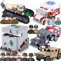 Bloques de construcción de coche blindado militar, figuras de soldados, juguetes, armas, tanque, ambulancia médica, Fortaleza, vehículo todoterreno, regalos