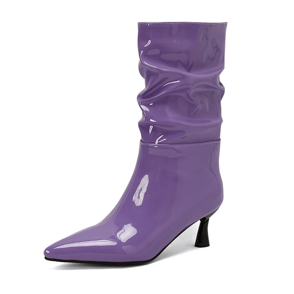 

Designer Boots Women European American Style Pointed Patent Leather Wrinkled Sleeve Purple Midsole Boots Plus Size Shoes 649-1