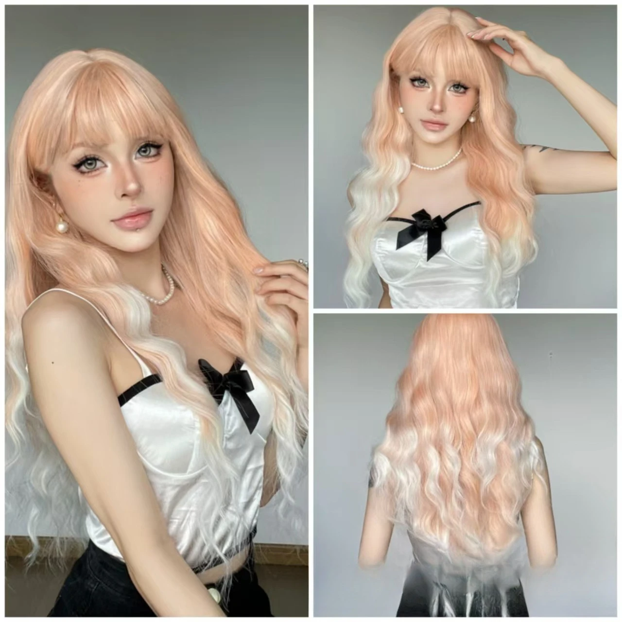 

Korean wig female lotus root powder gradual change long curly hair air bangs long curly hair full headgear