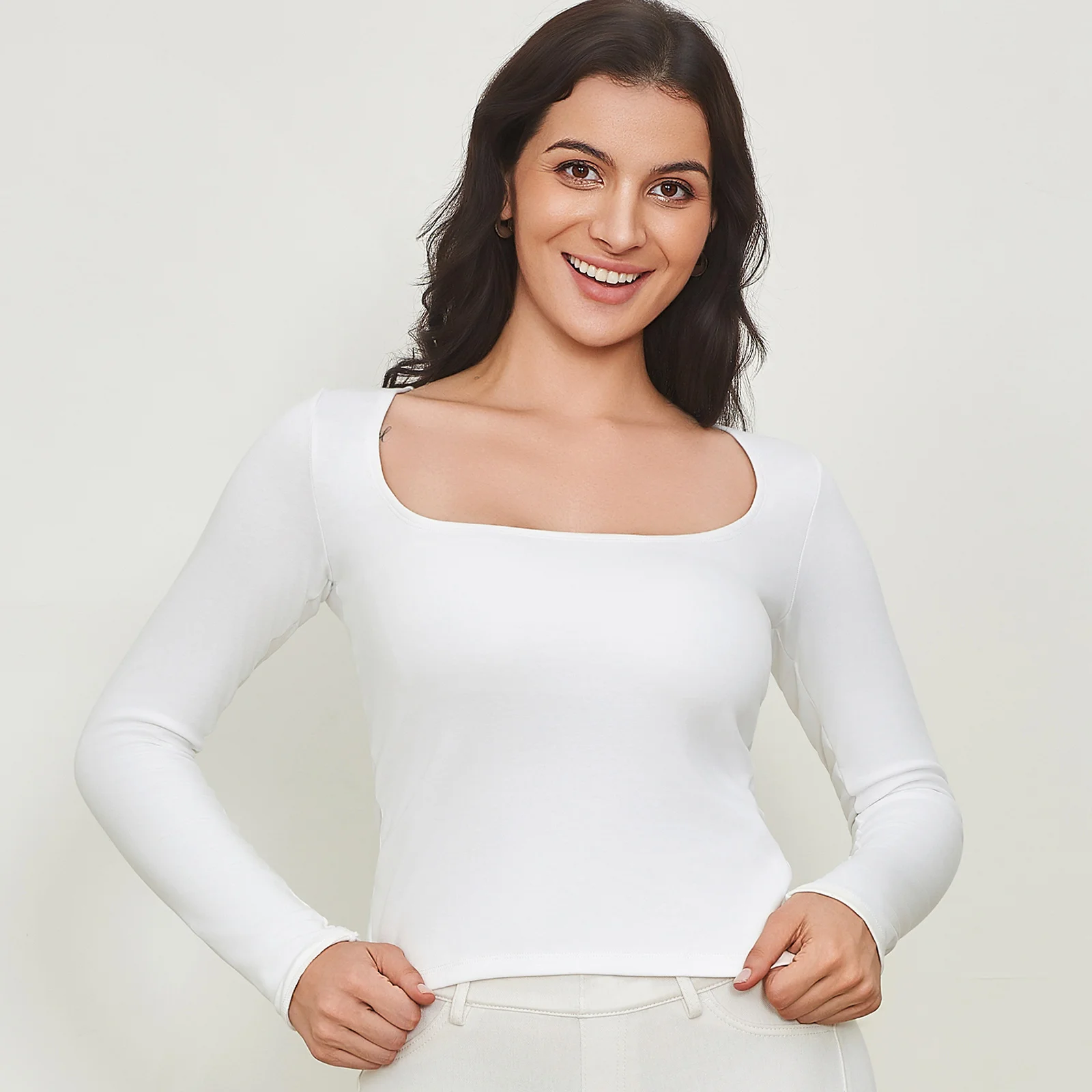 Women's Solid Color Casual Yoga Suit Square Neck Long Sleeved Base Shirt Base Top